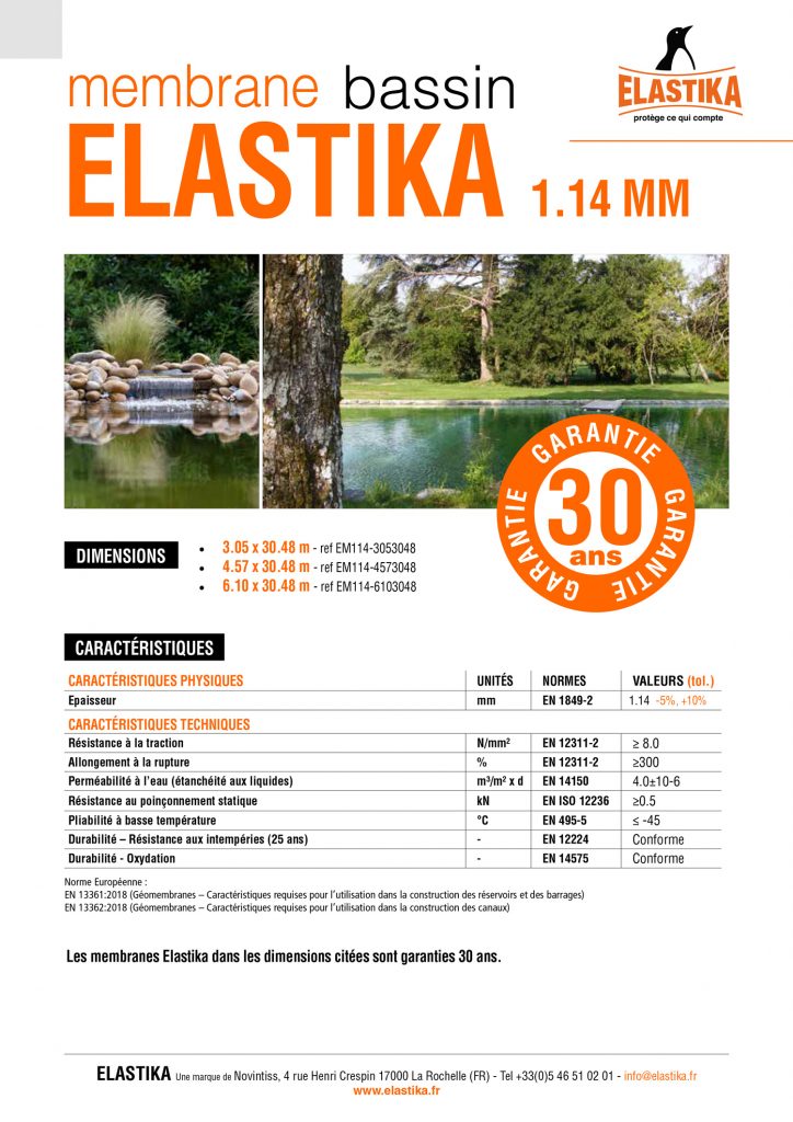 Retrouvez la fiche technique de la membrane EPDM Elastika Bassin 1.14mm garantie 30 ans.