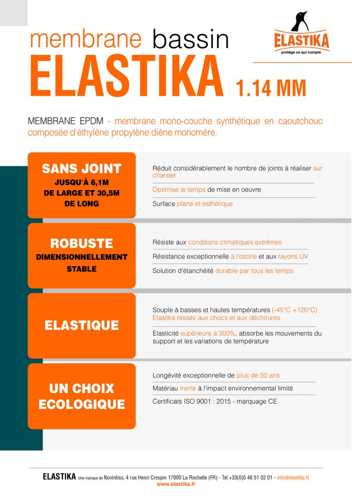 Retrouvez la fiche technique de la membrane EPDM Elastika Bassin 1.14mm garantie 30 ans.